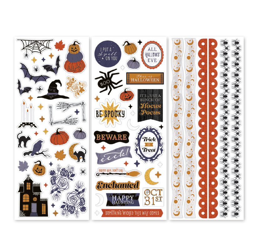 Halloween-themed decorative stickers with various designs on a white background