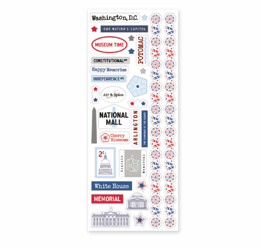 Sheet of Washington, D.C. themed stickers with landmarks and text on a white background